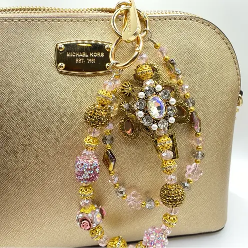 Handmade 💐Luxury Bag/Phone Chain Charm/Keychain Orange FLOWER BASKET Bling Crystal Beads