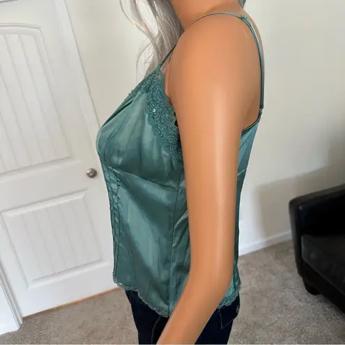 ECI Vtg 100% Silk Tank Top Beaded Green Fairy Cami Size 12 Y2K Romantic Babydoll