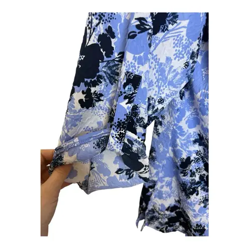 Laura Scott Blue Black Floral Button Down Blouse 1X Business Casual