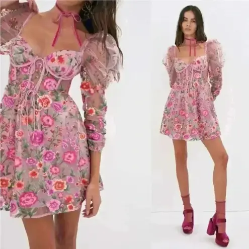 For Love & Lemons NWT  Tayla Ruffle Corset Embroidered Puff Sleeve Dress Size XS