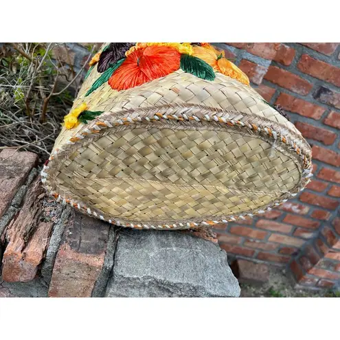 vintage raffia straw shoulder bag purse floral bucket bag yellow orange green