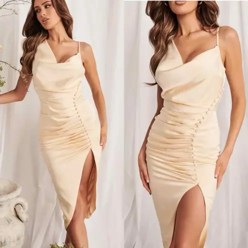 Lavish Lice Lavish Alice Satin Cowl Neck Button Detail Formal Midi Dress US 0 Cream