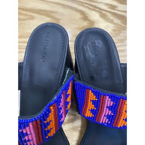 Farm Rio Womens 11 Black Leather Slip On Beaded Block Open Toe Slide Sandals S29