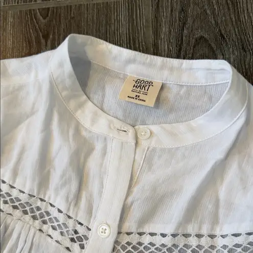 Matilda Jane  Good Hart Button-Up white lace trimmed Blouse preacher collar XS