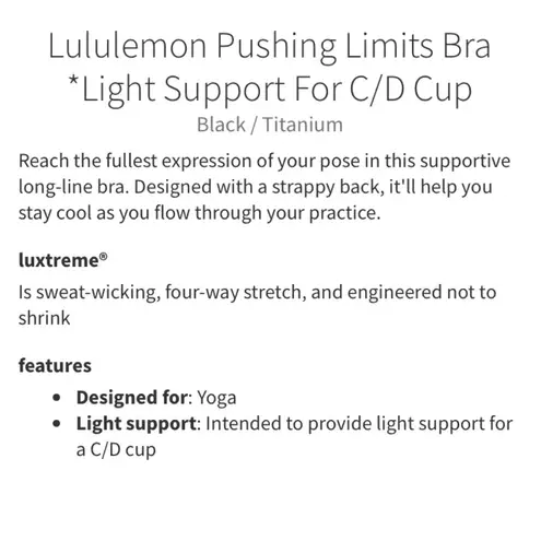 Lululemon Pushing Limits Bra in Black/Titanium Size 8