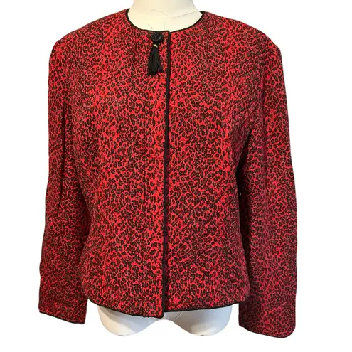 Vtg 80's Maggy London 100% Silk Jacket Womens Sz 14P Red Black Leopard Coat