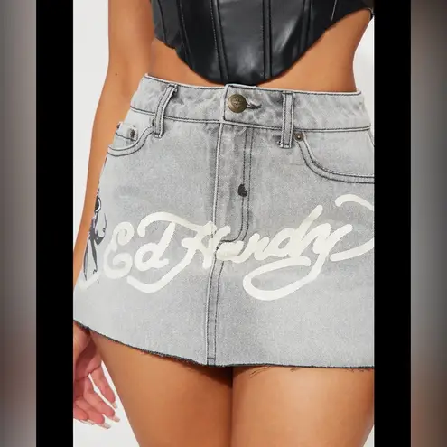 Ed Hardy NWT Denim Mini Skirt Sz XL Grey Wash Graphic Print Y2K