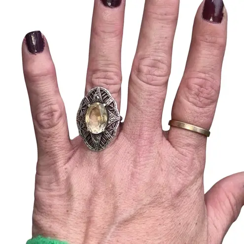 Antique Citrine Marcasite Hallmarked Sterling Silver Large Art Deco Estate Ring Yellow