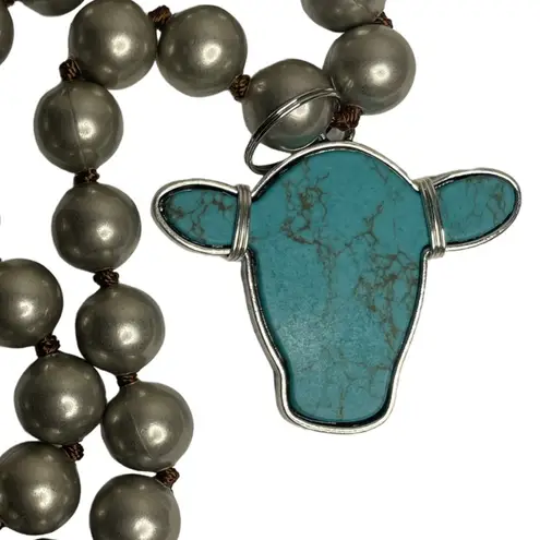 Head Howlite Blue Cow Necklace with Silver Wire Wrap on Chunky Mixed Metal Chain