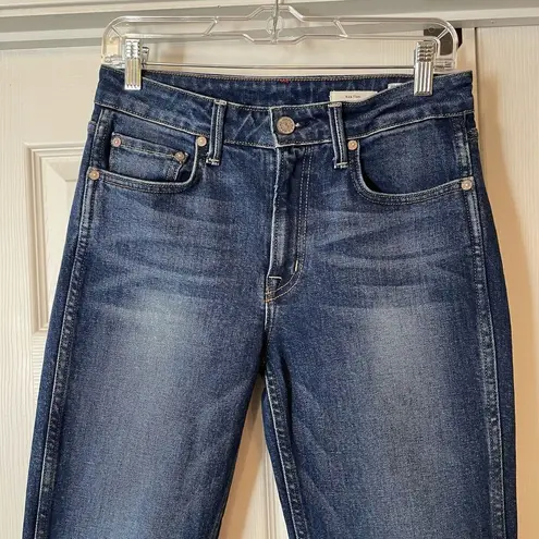 NoEnd Denim Farrah Kick Flare Jeans Sz 27 Med. Dark Wash Frayed High Low Hem USA Blue