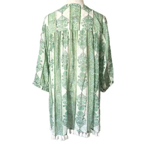 Roller Rabbit Tasseled Abstract Caftan Cover Up Dress Green White Floral Small