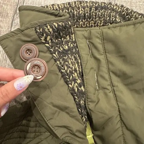 prAna Olive Green Quilted Winter Coat Knit Collar Women's Size Large Zip Buttons
