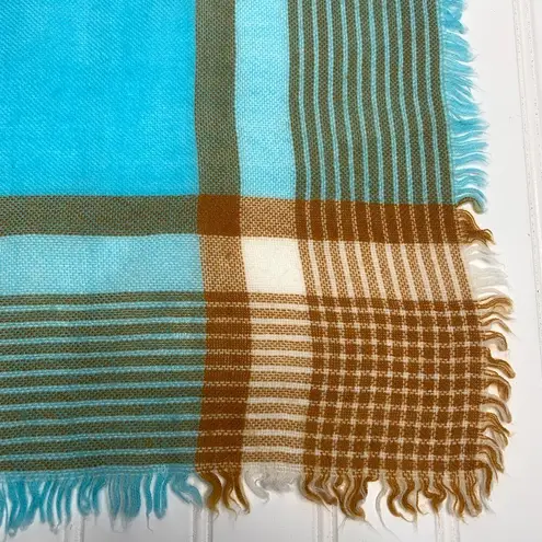 Aqua Tan Camel Plaid Square Scarf Fringe 26" Blue