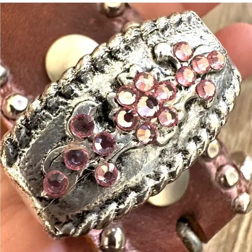 Leather Rock leather brown pink rhinestone belt