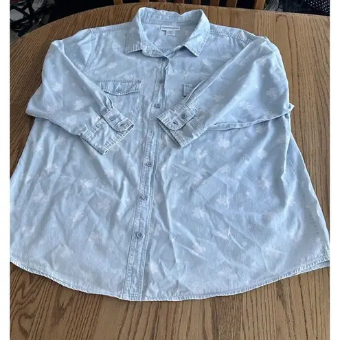 The Company Store Top Sz 1X Blue White Floral Print Long Sleeve Cotton Button Up