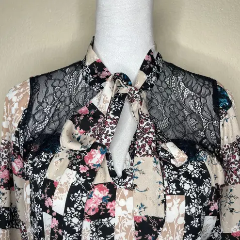 Cure. Petites Women's Floral Colorblock Lace Illusion Tie Neck Blouse Top PM Black Size undefined