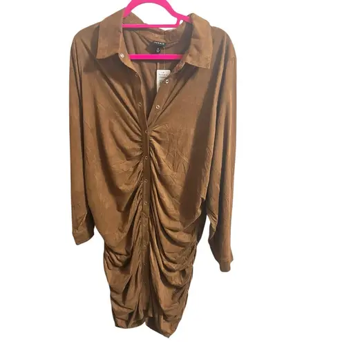 Torrid  Dress Womens 4X Brown Long Sleeve Button Down Ruched Collared Mini