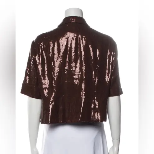 STAUD Cary Sequin Cropped Short Sleeve Oversized Top One Button Brown Bark sz XL