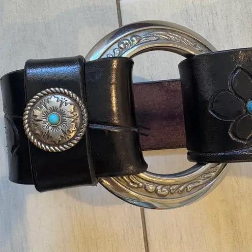 Al Stohlman Vtg Brand Black Leather Belt Floral Tooled Silver Western Cowgirl