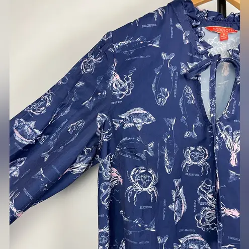 Modcloth  Blue Satin Sea Creature Neck Tie Blouse