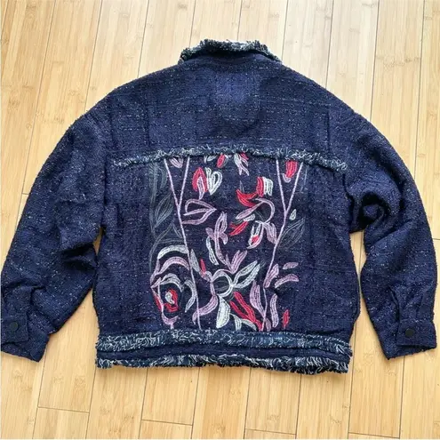 Foxiedox NWT Embroidered Takeo Tweed Frayed Boho Blue Jacket Anthropologie