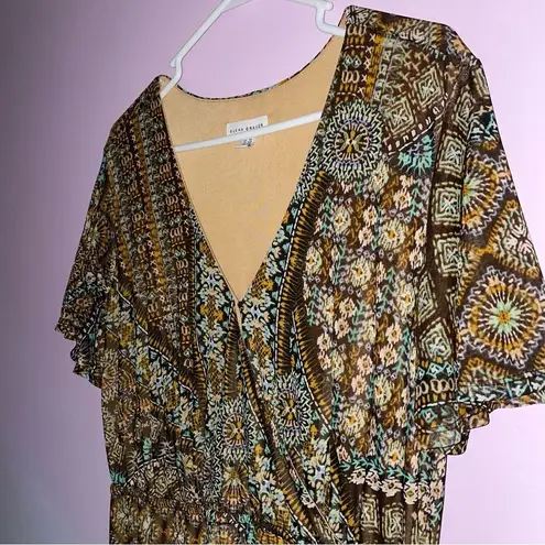Susan Graver LP Dress Maxi Wrap V Neck Short Sleeve Brown Boho Print
