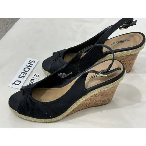 Seychelles Womans Willshire Wedge Black Fabric Peep Toe Cork Heel Sandal 8.5 M