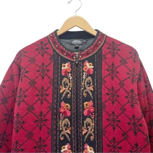 Vintage Icelandic Design Wool Zip Front Cardigan Jacket Red Black Size Medium