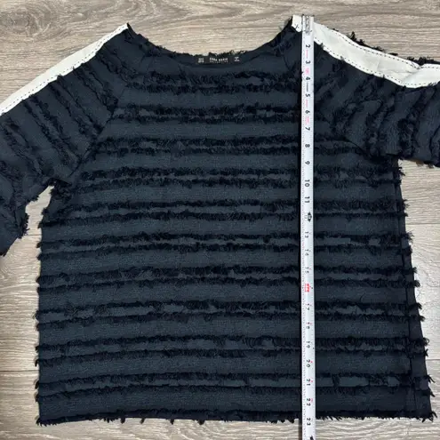 ZARA BASIC Black Textured Fringe Border White Side Long Sleeve Top Women Size M Size M