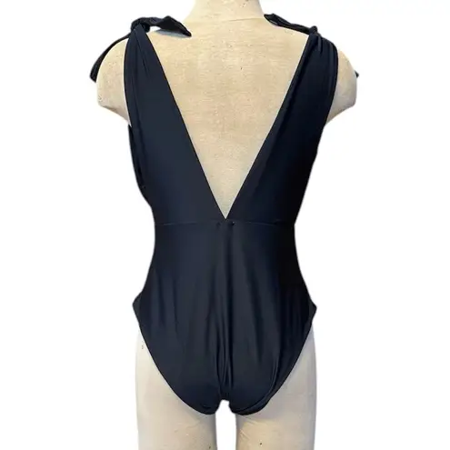 Aerie AE  Swimsuit One Piece Long Black Plunge Shoulder Ties L Large