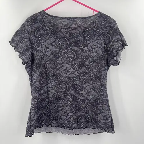 Y2K Top Large Short Sleeve 2000s Lace Print Rhinestones Babydoll Bratz Vintage Black