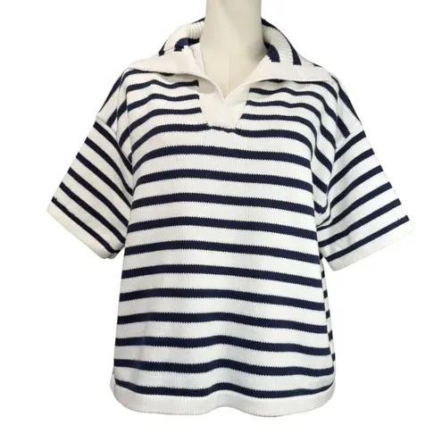 FOR THE REPUBLIC Striped Sweater NWT Women’s XL White Navy Short Sleeve Collared