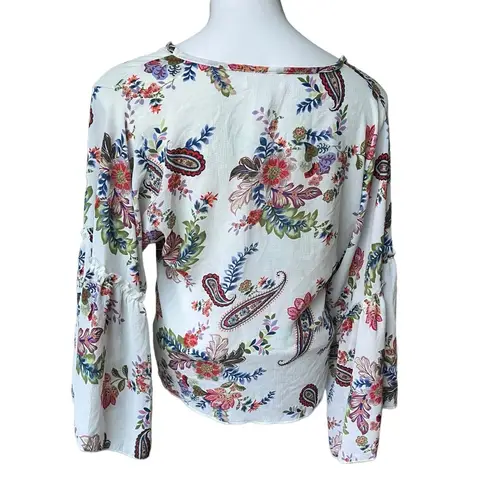 Lavender Field Boho Floral/Paisley Tie Front Wide Bell Sleeve Top, Sz S