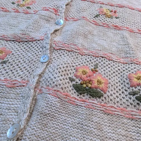 Embroidered Floral Cardigan – Short Sleeve Button Up Women's S Tan