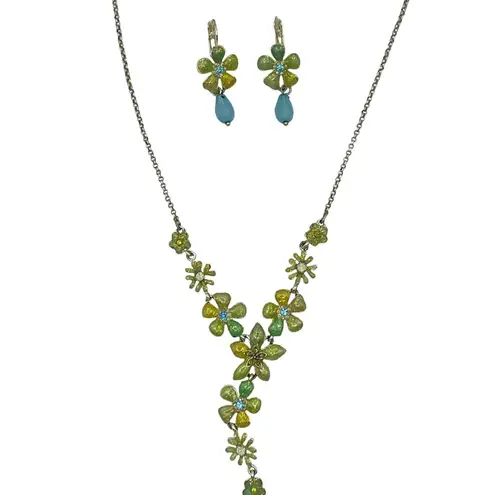 Avon Green Yellow Flower Necklace & Earrings Set Enamel Crystal Bead Vintage