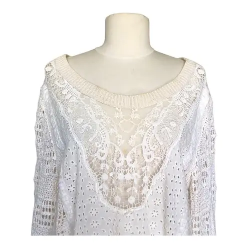 Women's Boho White Crochet Knit Lace Sweater Pullover Eyelet Long Sleeve Top Size M
