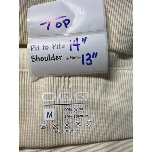 Ribbed Long Sleeve Crop Top Thumbhole Leggings Set Workout Athleisure Cream M Size M