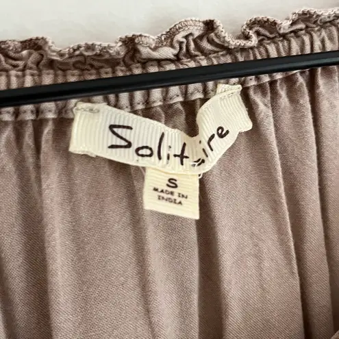 Solitaire Boho Peasant Embroidered 3/4 Sleeve Tassel Neck Blouse Brown Tan Small