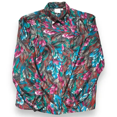 Vintage 90s Blouse Multicolor Feather Print Long Sleeve Collared Button Up Shirt Blue Size L