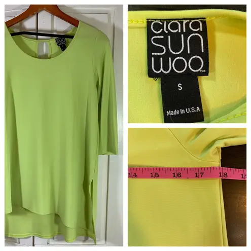 Clara Sun Woo Lime Green Tunic Small Made USA Stretch Asymmetric Hem Chartreuse Yellow