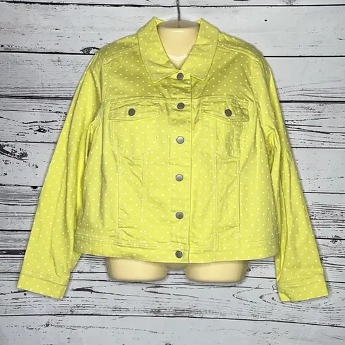 Denim & Co . NWT Size L Yellow & White Polka Dot Cropped Denim Jean Jacket
