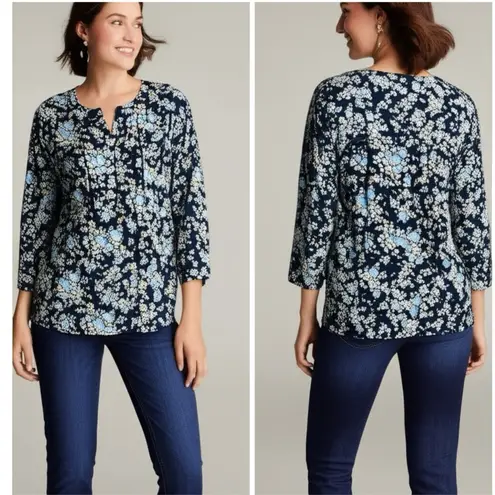 Boutique Napa Valley Women’s West Coast Blue Floral Blouse Button Front Pleated Top Sz M
