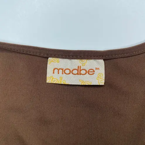 Modbe Chocolate Brown Surplice Wrap Dress Bell Sleeve Ruched Waist Stretchy Midi