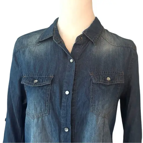 Cavalini WOMEN'S S 100% COTTON DENIM WESTERN PEARL SNAP SHIRT, ROLL SLEEVES