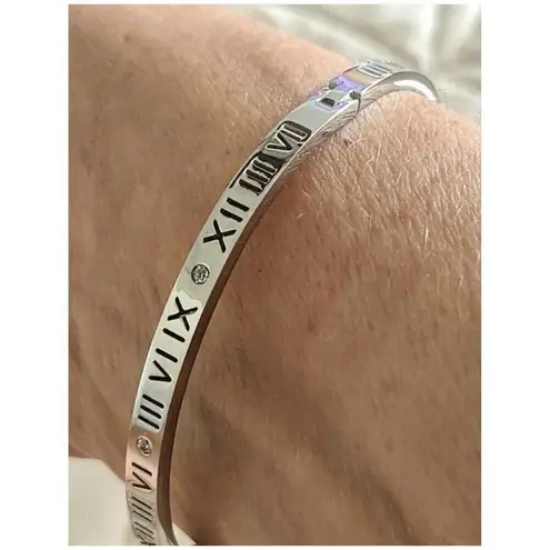 18K Silver Plated Roman Numeral Cubic Zirconia Bangle Bracelet Stainless Steel