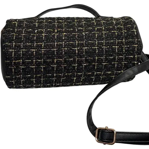 Badgley Mischka New York Black Gold Tweed Barrel Crossbody Bag Adjustable Strap