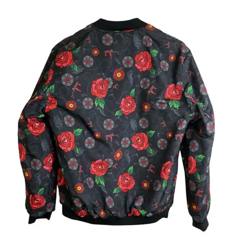 Retro Rifle Fiesta Bomber Jacket XS Black Full Zip Reversible Red Floral NWT