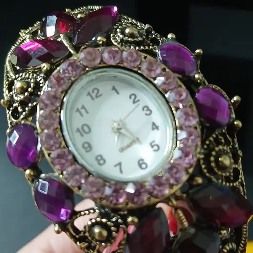 Purple Rhinestone floral vintage cuff watch