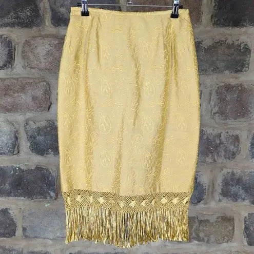 lafayette 148 Gold Brocade Fringe Silk Skirt Woman's Size 6 Knee Length Gold