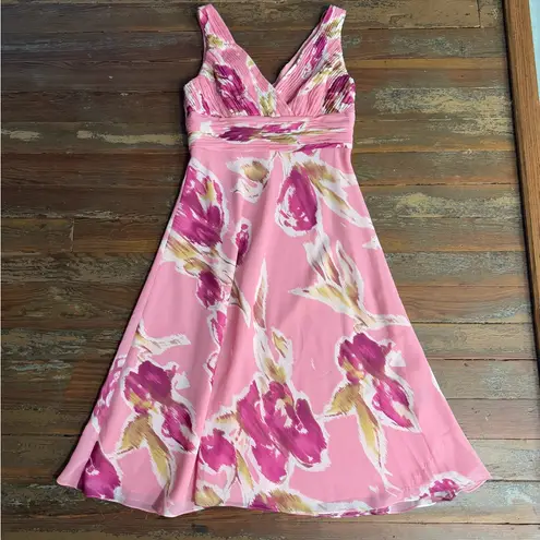 Adrianna Papell VNTG Adriana Papell Pink Watercolor Floral Pleated Top Chiffon Dress ~ Sz 10 💛🍄